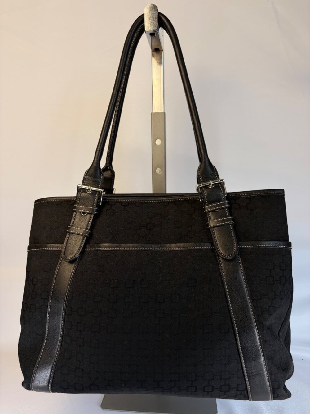 Nine West Tote Shoulder Bag Black Geometric Pattern Double Handles Classic